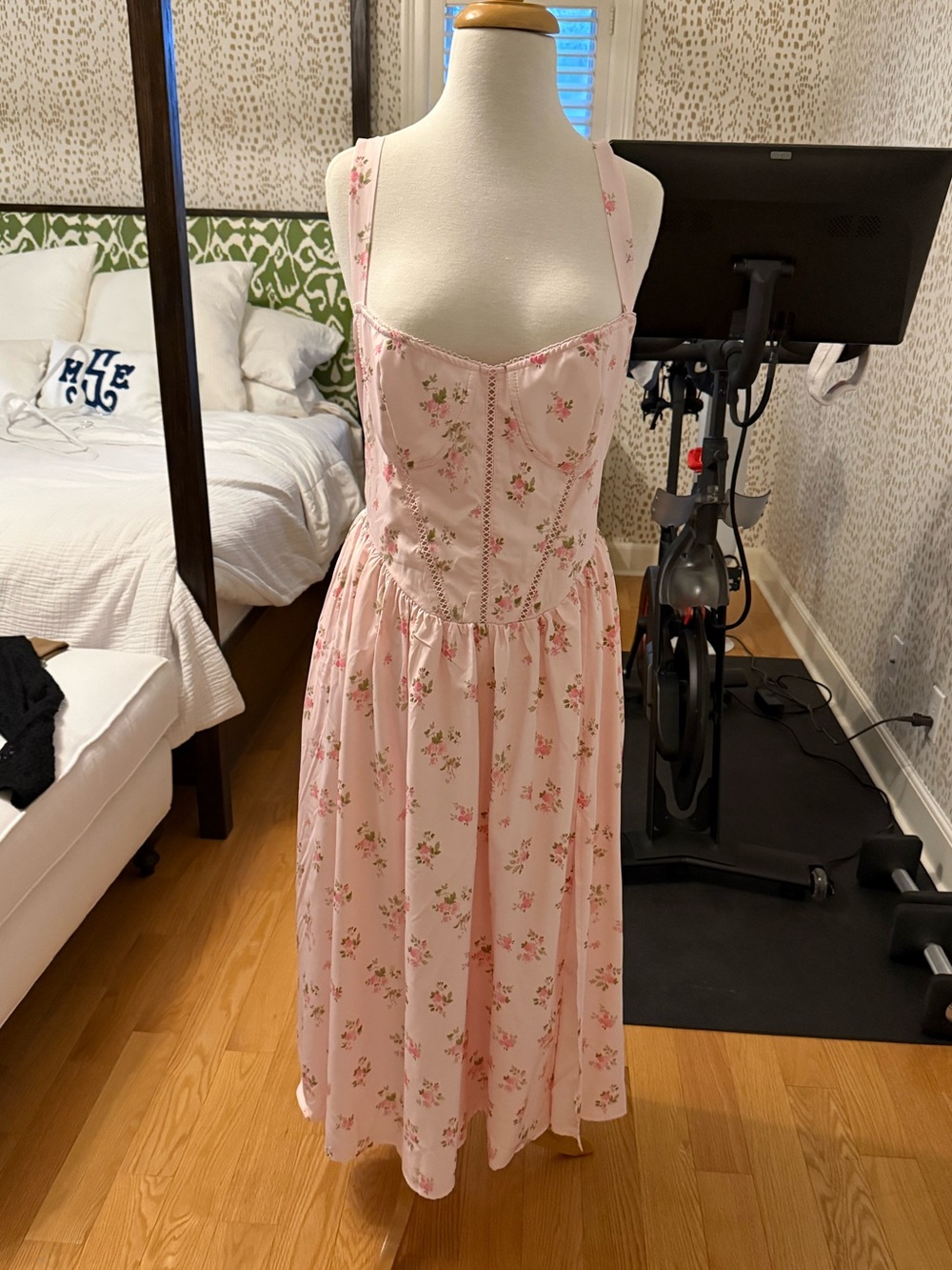 Sleeveless Pink Floral Midi Dress with Corset Bodice